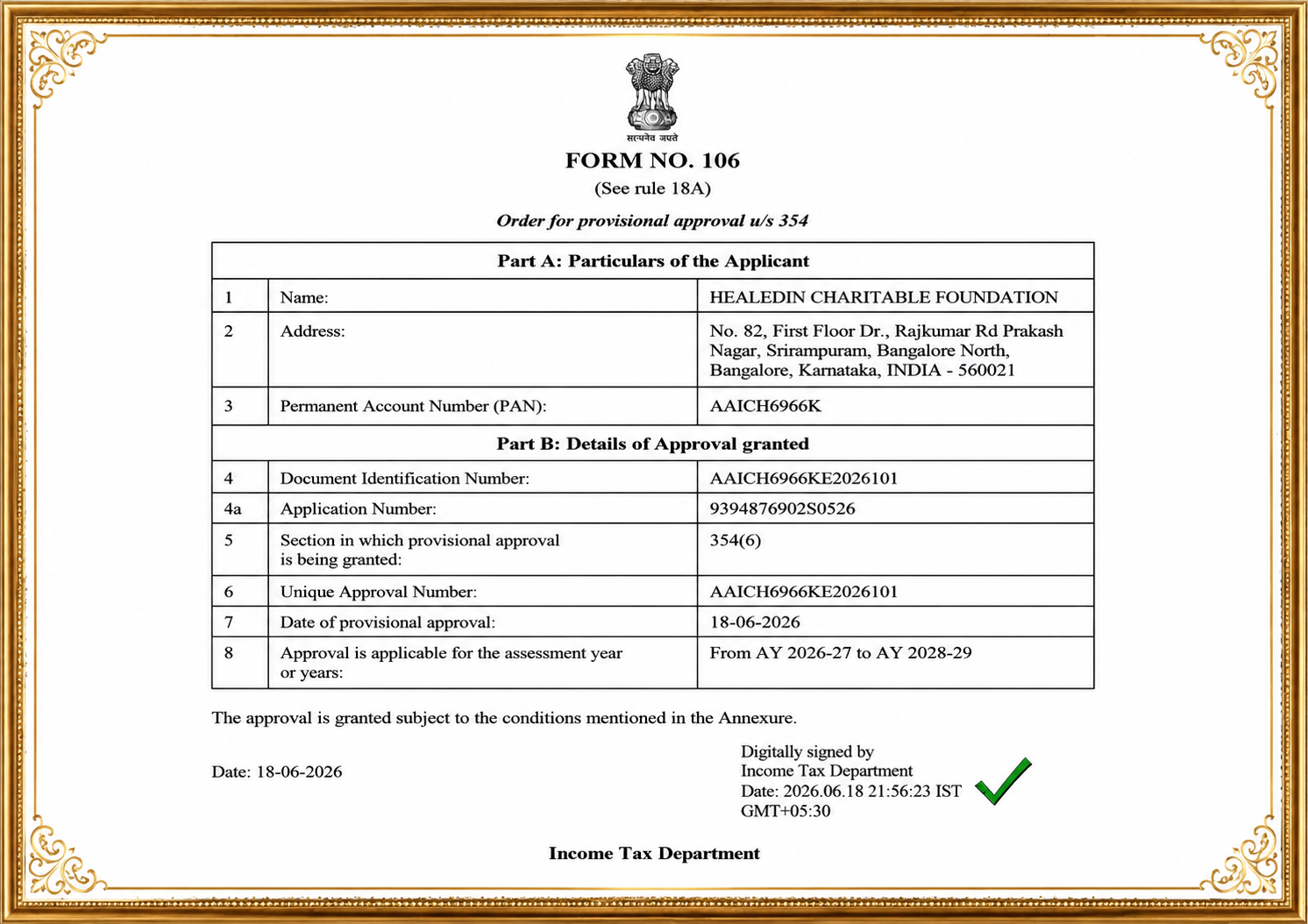 80G Provisional Approval Certificate → FORM NO. 106 (Order for provisional approval u/s 354)